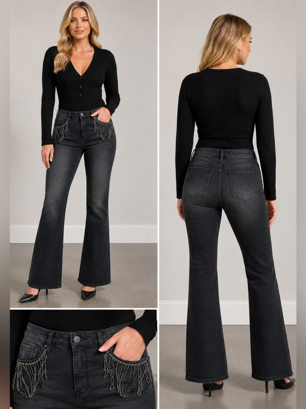 RFM Royalty For Me black rhinestone fringe pocket trim boot cut denim jeans NWT